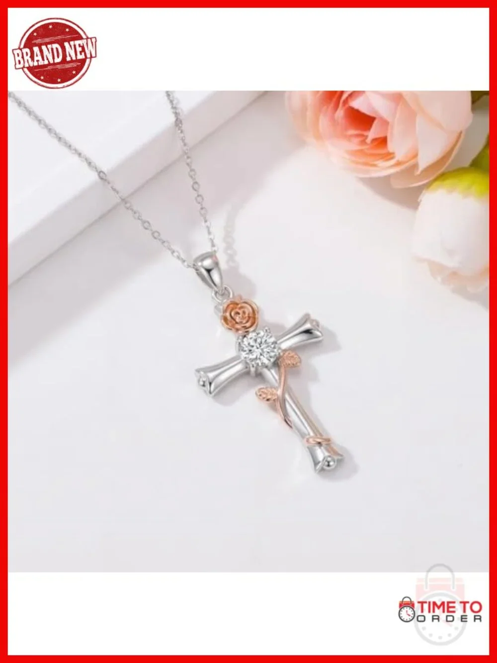Rose Gold Cross Pendant Necklace with Cubic Zirconia Birthstone, Christian
